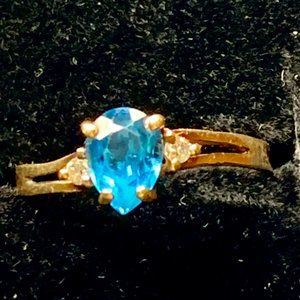 SOLD- Solid 14K Yellow Gold Blue Topaz and Diamond Ring